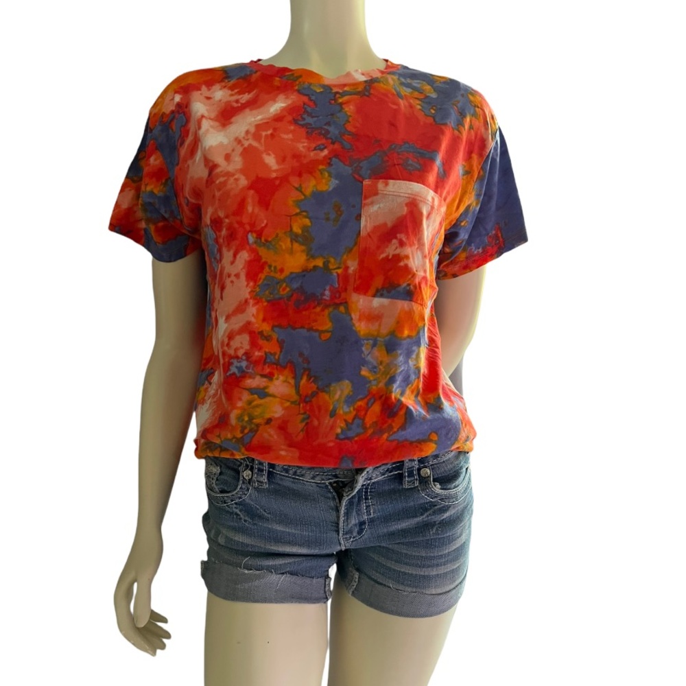 Ambiance | Women’s Shirt Blue - Red -  Orange Tie Dye Chest Pocket Basic Shirt - Picture 3 of 16